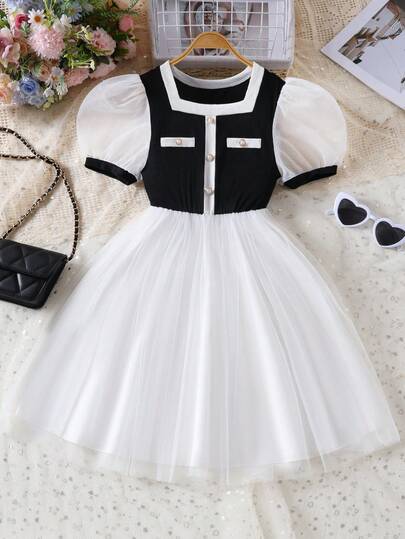 Girls' Summer Dress With Square Collar, Waist Cinched, Mesh Patchwork Princess Dress
