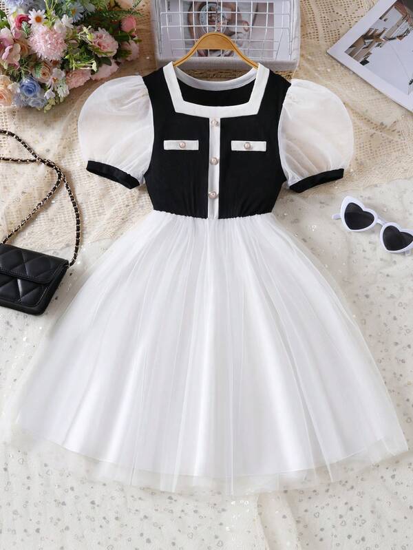 Girls' Summer Dress With Square Collar, Waist Cinched, Mesh Patchwork Princess Dress