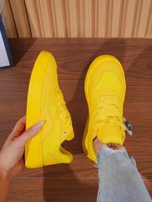 橙色女士休闲鞋，时尚厚底，粗跟，百搭鞋带 - 黃色 - 查看 12