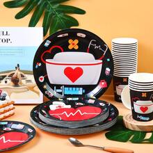 一套一次性护士帽主题餐具，7/9英寸派对餐盘，一次性纸盘和纸杯，适用于节日、婚礼、订婚、生日、派对、庆祝活动 - 彩色 - 查看 4