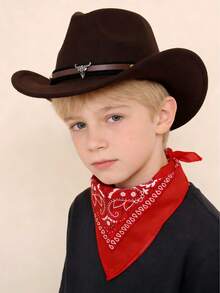 2 Pcs Kids Felt Panama Hats Classic Wide Brim Rancher Fedora With Belt Buckle Western Cowboy Costume Set Including Cowgirl Hat And Bandana - Hats and Handkerchiefs - View 1