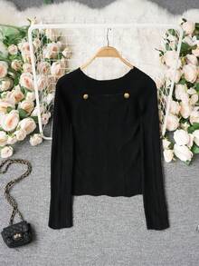 新款优雅露肩镂空弹力针织毛衣上衣，适合春夏穿着 - 黑色 - 查看 8