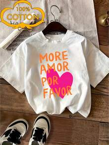 200g 100% Camiseta blanca para mujeres |   MÁS AMOR POR FAVOR Patrón de Frase de Amor en Español, Alto, Cuello Redondo, Manga Corta, Ajuste Casual para Mujeres - Blanco - Ver 1