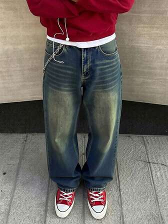 Jeans anchos y sueltos de estilo retro azul lavado vintage Y2K para hombres, pierna recta y suelta, regalo perfecto para esposo o novio