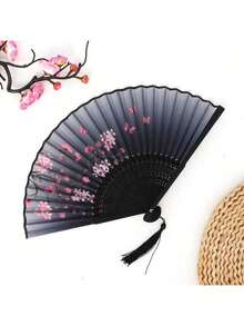 2026 New Arrival, Best Seller 1pc Retro Style Bamboo Folding Fan, Sakura Design, Gradient Black To Purple, Tassel Detail, Traditional Chinese Hanfu Dance Accessory, Women's Portable Fan, Decorative Gift, Ideal For Graduation Season - Multicolor - View 9