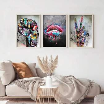 3PCS Canvas, Love And Kissing Art Posters, Colored Graffiti Canvas, Home Wall Arts Decoration Modern Paintings Optional Frame