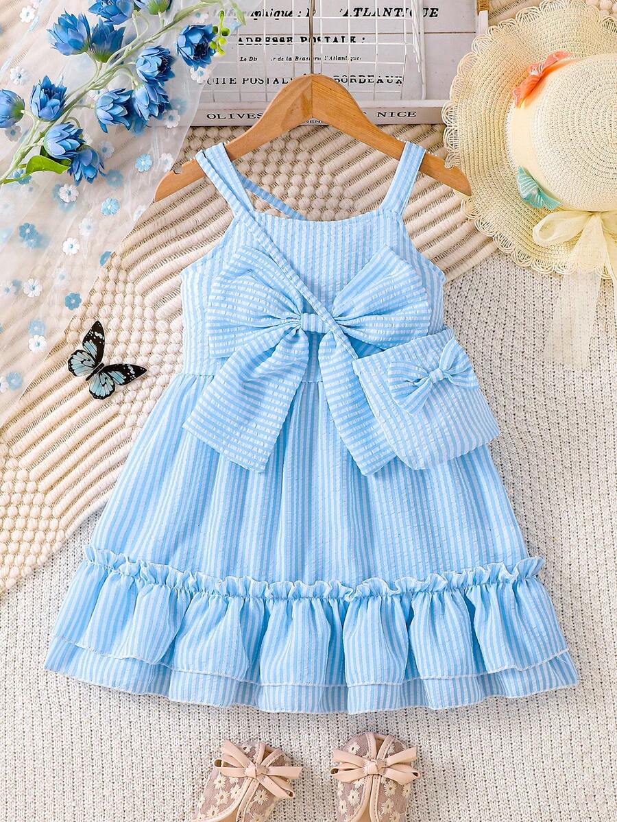 女童蓝白条纹背带裙套装，配有超大蝴蝶结装饰和配套迷你包，荷叶边滚边，清新甜美 - 藍色 - 查看 1