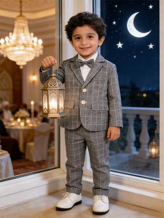 1 set rutig herrekostym för tweenpojkar: 1 kavaj + 1 byxa + 1 fluga, lämplig för bröllop, framträdanden, fest och andra formella tillfällen