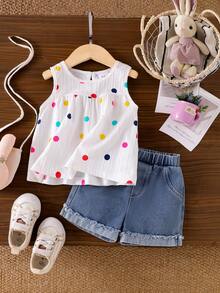 2件套女婴时尚可爱波点无袖上衣和毛边牛仔短裤套装，夏季 - 白色 - 查看 1