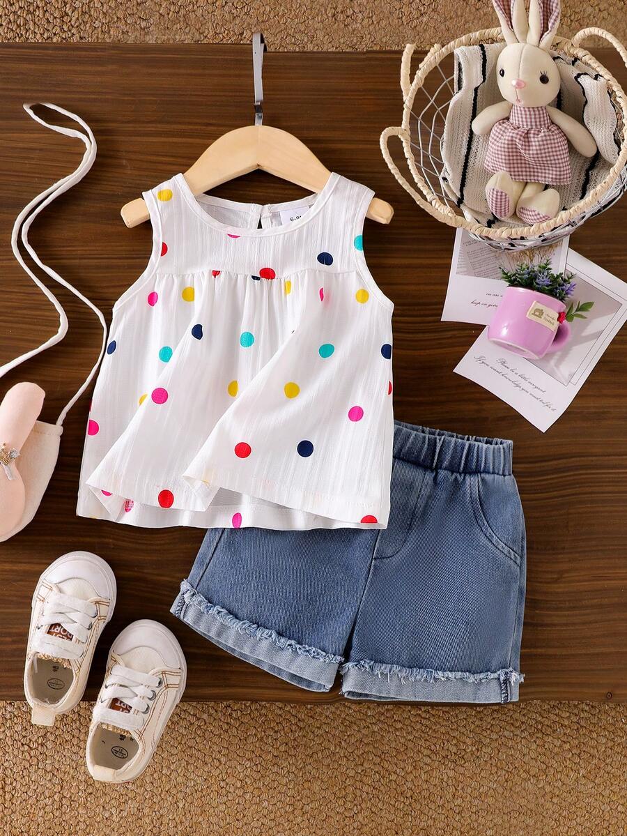 2件套女婴时尚可爱波点无袖上衣和毛边牛仔短裤套装，夏季 - 白色 - 查看 1