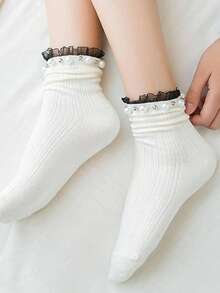 1pair Women Faux Pearl Decor Ruffle Trim Fashionable Crew Socks For Daily Life - White - View 4