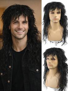 This 22-Inch Men's Rock-Style Long Curly Punk Wig Is Made Of Synthetic Fibers With A Fluffy And Breathable Hairnet, Making It A Great Choice For Parties And Holidays. - Black - View 2