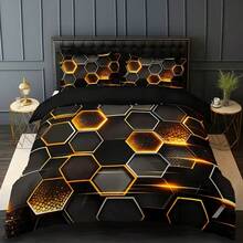 3pcs Cyberpunk Honeycomb Textured Printed Duvet Cover Set, Black & Gold Color Scheme, Hexagonal Honeycomb Pattern With Luminous/Gradient Texture, Futuristic Design, Suitable For Bedroom And Guest Room Bedding Decor (1 Duvet Cover + 2 Pillow Shams, No Filling) - Black - View 12