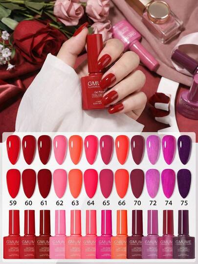 12Pcs Red Pink Gel Nail Polish Set, Hot Coral Burgundy Magenta Colors, Bright Vivid Summer Soak Off UV LED Varnish, Romantic Valentine's Day Manicure Kit With Glitter Shades 7.5ml Nails