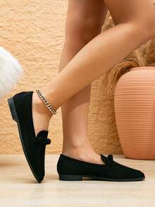 Giày lười nữ màu đen thanh lịch, chất liệu giả da lộn, mũi vuông, có nơ trang trí, phù hợp cho mọi mùa. - màu đen - Xem 4