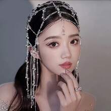1pc Shiny Korean Style Bride Crown Headpiece, Super Fairy Beaded Tassel Beaded Forehead Ornament, High-End Wedding Styling Accessory, Elegant Fashion Eye-Catching Item, Suitable For Wedding Accessories - 銀色 - 查看 3