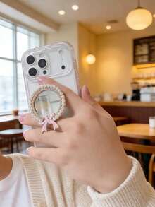 1个闪亮金属水钻珍珠蝴蝶结化妆镜支架+气垫二合一粉色手机壳，兼容苹果17/17 Air/17 Pro/17 Pro Max/16 Pro Max/16/16 Pro/15/15 Pro Max/15 Pro/11/12/13/14 Pro Max/11 Pro/11 Pro Max/12 Pro/12 Pro Max/13 Pro/13 Pro Max/14 Pro/14 Pro Max，创意优雅的苹果手机壳 - 珍珠鑽粉紅蝴蝶結鏡子支架手機殼 - 查看 3