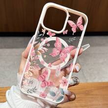 Funda magnética para teléfono Apple , patrón floral de mariposa rosa, compatible con iPhone 14/13/12, material TPU transparente a prueba de golpes, funda protectora femenina artística fresca y moderna, resistente a los arañazos y al desgaste, personalizada y creativa, ligera QTR9 - Colores mixtos - Ver 4