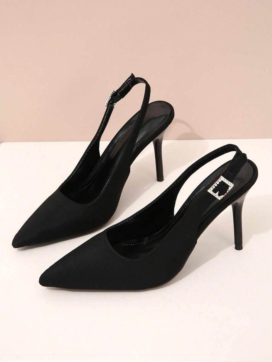 Damskie czółenka na wysokim obcasie z noskiem w szpic, jednokolorowy obcas typu stiletto z paskiem sprzączkowym i zdobieniem z kryształków, eleganckie do pracy i na imprezę, modne sandały na wysokim obcasie - Czarne - Zobacz 1