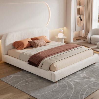 Queen Size 60''*80'' Ottoman Hydraulic Lift Storage Platform Bed Luxurious Boucle Fabric Upholstered Bed Hidden Under-Bed Storage For Bedroom No Box Spring Needed White