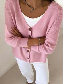 Women's Solid Color Ribbed Front Button Ribbed Knit Casual Elegant Long Sleeve Sweater, Suitable For Spring And Autumn - Baby Pink - View 3