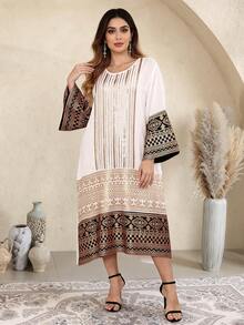 2026 New Style Ramadan Traditional Elegant Dress, Women's Arabic Jalabiya With Luxurious Gold Beaded Embroidery, Round Neck, Wide Cuff Long Sleeve, Fashion Creative Luxury - White - View 6