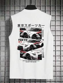 男士时尚汽车英文图案休闲圆领背心，百搭日常穿着 - 白色 - 查看 2