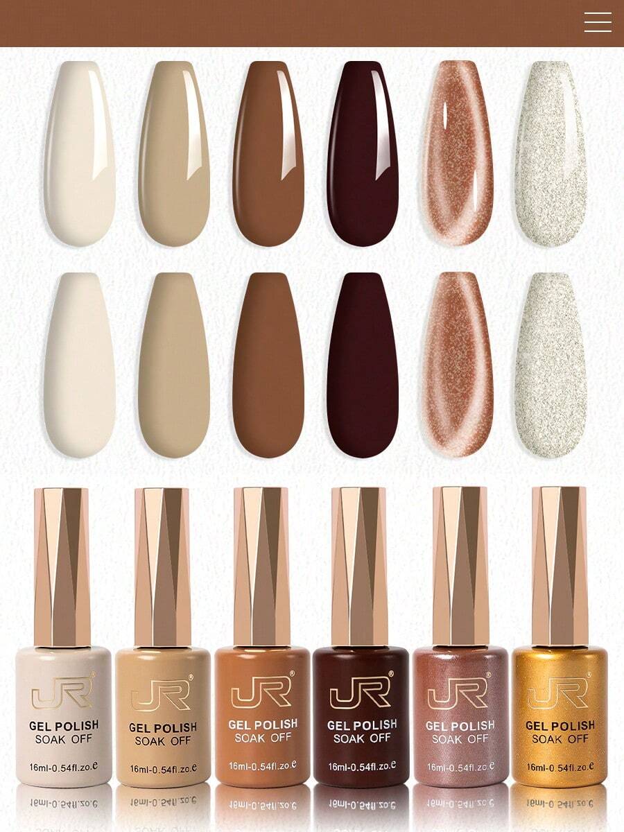 JR 6件套16毫升凝胶指甲油套装，包含猫眼红、粉色、裸色凝胶指甲油，UV/LED可卸指甲油，居家DIY礼品 - 彩色 - 查看 1