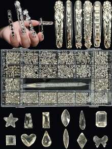 KIRAME 21 Compartments DIY Nail Art K9 Glass Transparent Flat Bottom Rhinestone Set - 30pcs High Gloss Rhinestones Per Style, Includes 1 Dotting Pen, Nail Gems, Suitable For Nail Salons, Home Manicure, Nail Supplies, Christmas, New Year, Valentine's Day Nails, Holiday Gifts, Also For Crafts, Clothing, Textiles, Shoes, Glassware, Jewelry Making - Multi-Size Sparkling Decorations - 白色 - 查看 2