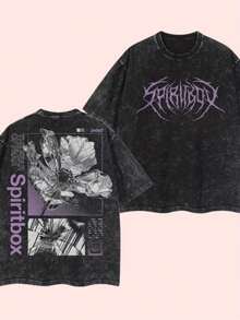 Men's Heavy Retro Street Style T-Shirt With Spiritbox Band Logo Print - Y2K Style Drip Ink Design Music Festival Outfit Loose Breathable Cotton Top - 黑色 - 查看 7