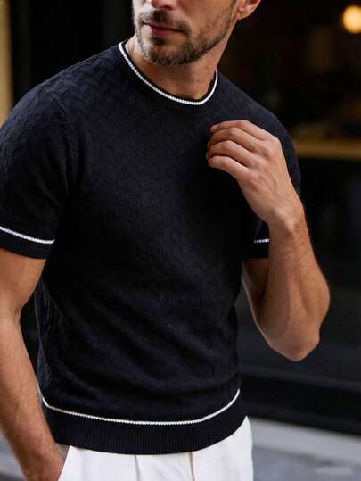  ALTZTAR Men's Knitted Textured Crew Neck Short Sleeve T-Shirt, Striped Casual Business Summer Lightweight Breathable