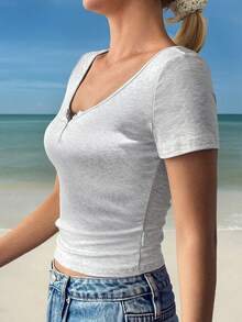 Y2K Style Fitted Solid Color Crew Neck Short Sleeve T-Shirt For Women, Suitable For Back To School, Beach Travel And Casual Wear - Light Grey - View 5