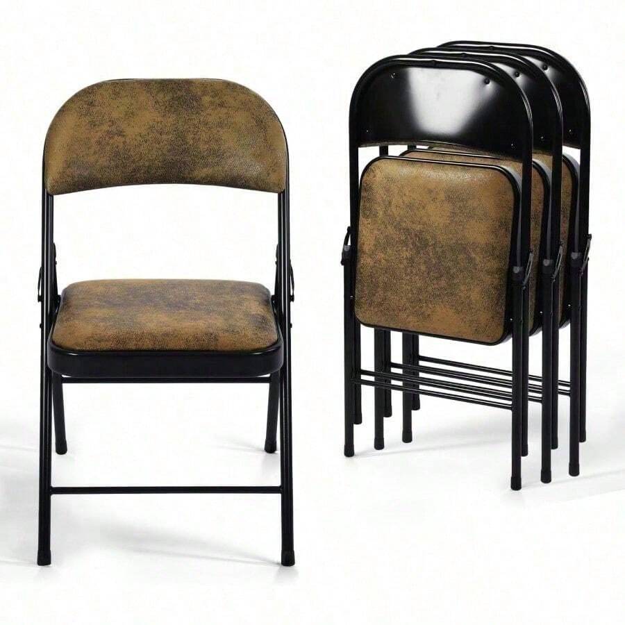 FurnitureR Paquete 4 Sillas Plegables con Marco Metal y Asiento Acolchado Tapizado Tela Gamuza Juego Sillas Plegables para Fiestas en el Hogar y la Oficina Vintage Tela Marrón - Multicolor - Ver 1
