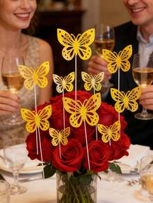 30Pcs Butterfly Birthday Cake Topper,Gold,Butterfly Decor,Flower Bouquet Accessories Set,For Wedding Birthday Party Valentine's Day,Valentine's Day Gift Packaging Decorations, Cake Decorations, Flower Decorations, Centerpieces For Tables, Wedding Party, Hotel, Bedroom Lights, Scene Arrangements; - Gold - View 8