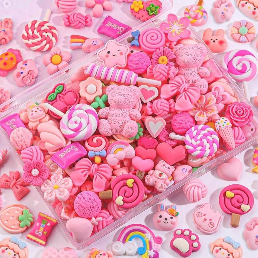60Pcs Frosted Pink Slime Charms Assorted Cute Decoden Embellishments, Kawaii Slime Accessories,Candy Heart Bear Bulk Flatback Resin Charm For Phone Junk Cases,ScrapbooFKing Crafting & DIY Decoration - 粉紅色的 - 查看 1