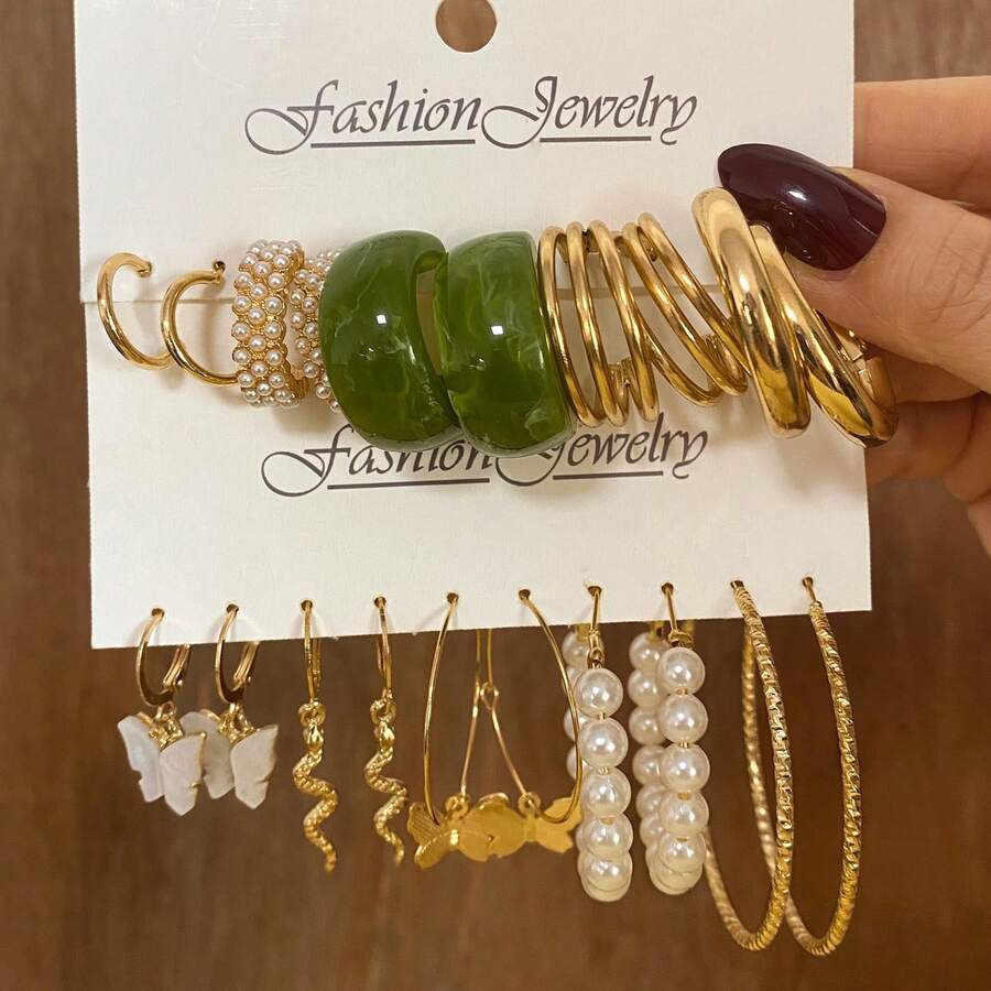 20pcs Fashionable Luxury Metal Snake & Butterfly Pendant, Green Resin Faux Pearl Hoop Earrings Set, Suitable For Daily Wear