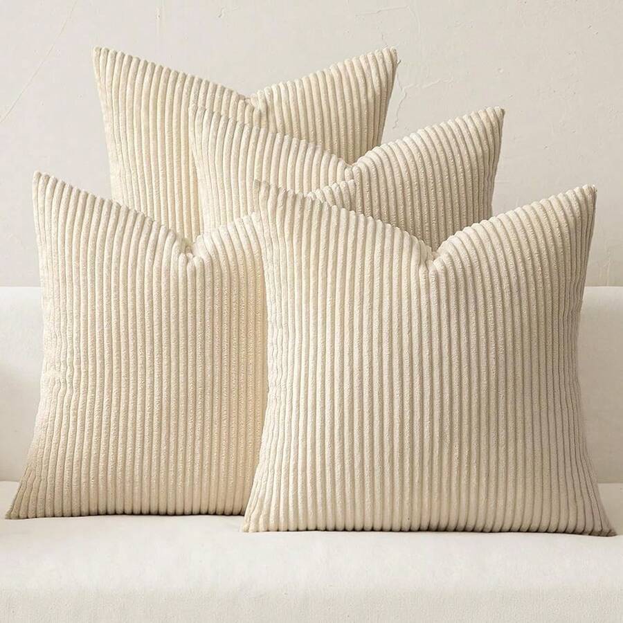[Free Shipping]MIULEE Boho Farmhouse Throw Pillow Covers 18x18 Inch Set Of 4 Mordern Nordic Cushion Covers Soft Corduroy Home Decor For Couch Bed Sofa Living Room Beige - 米色,18英寸x18英寸,4件裝 - 查看 1