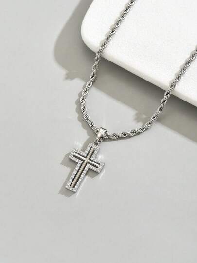 1pc Minimalist Unisex Stainless Steel Twist Chain Necklace + Hip Hop Cross Pendant, Versatile Stainless Steel Cross Necklace, Hip Hop Style Men's Necklace, Suitable For Daily Wear Jewelry, Exquisite Men's Jewelry Gift