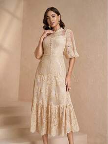 优雅法式复古领半透明浪漫风格女式连衣裙，适合通勤和休闲穿着 - 杏色 - 查看 6