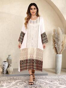 2026 New Style Ramadan Traditional Elegant Dress, Women's Arabic Jalabiya With Luxurious Gold Beaded Embroidery, Round Neck, Wide Cuff Long Sleeve, Fashion Creative Luxury - White - View 8