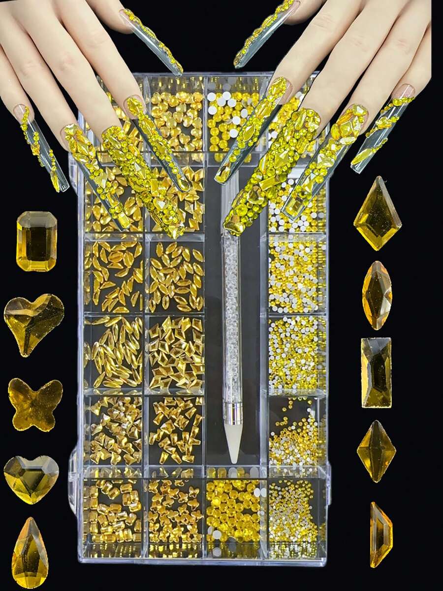 KIRAME 21 Compartments DIY Nail Art K9 Glass Yellow Flat Bottom Rhinestone Set - 30pcs High Gloss Rhinestones Per Style, Includes 1 Dotting Pen, Nail Gems, Suitable For Nail Salons, Home Manicure, Nail Supplies, Christmas, New Year, Valentine's Day Nails, Holiday Gifts, Also For Crafts, Clothing, Textiles, Shoes, Glassware, Jewelry Making - Multi-Size Sparkling Decorations - 黃色 - 查看 1