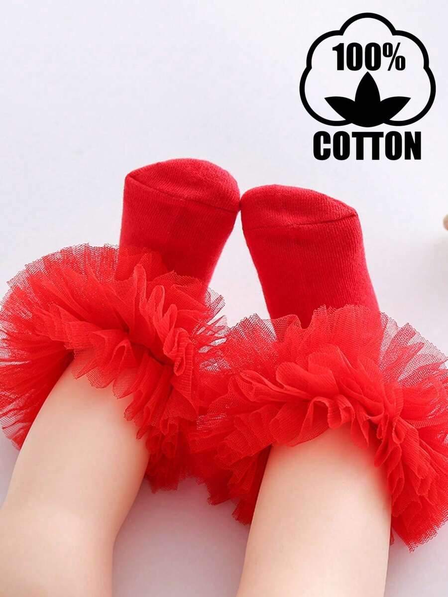 1 Pair All Cotton Princess Dance Big Ruffle Short Socks For Girls, Casual Student Socks, All Season - Red - View 1