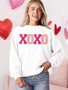 Valentine Sweatshirt For Women Glitter XOXO Printed Pullover Top Novelty Valentine's Day Long Sleeve Gift Top - 懷特-h - 查看 5