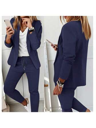 2pcs Women's Suit Set: Lapel Collar Jacket And Elastic Waist Pants