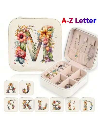 字母花卉图案便携式首饰盒 - 天鹅绒内衬，台面收纳盒，可存放戒指、耳环、项链 - 轻巧便携，无需用电，带拉链旅行箱
