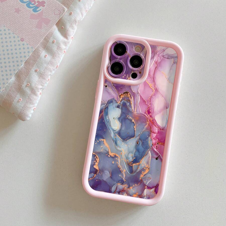 1pc Fashionable Smoke & Marble Pattern Thick Shockproof Protective Phone Case, Compatible With IPhone/ Galaxy/, Ideal Choice For Fashion Enthusiasts - Pink - View 1
