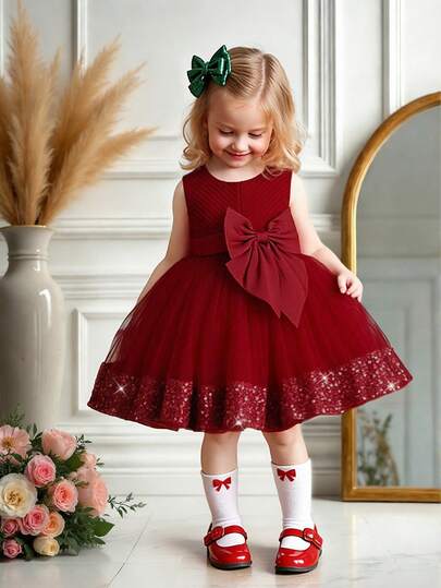 女婴纯色薄纱蝴蝶结装饰闪光下摆泡泡袖公主派对礼服，适合花童婚礼、生日派对，不含发饰