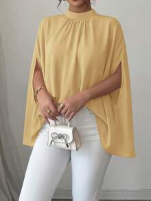 Women Summer Mock Neck Batwing Short Sleeve Loose High Low Hem Back Tie Knot Spring Tops Casual Oversized Blouses Work Office Yellow Shirts - 黃色 - 查看 3