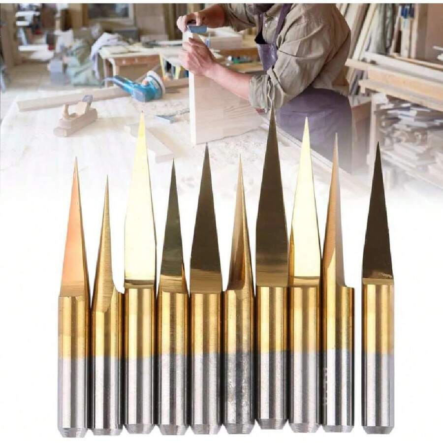 Broca para grabar, 175 mm de titanio recubierta de acero de tungsteno Grabado CNC Herramienta de talla de brocas (10pcs)(3.175 * 10°*0.1),37268661 - Dorado - Ver 1
