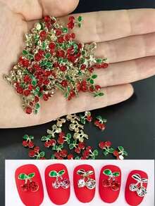 20片3D樱桃美甲装饰 - 红色和粉色水晶美甲贴，带绿色叶子，铝合金水果美甲贴纸，美甲饰品，美甲用品 - 紅色 - 查看 5